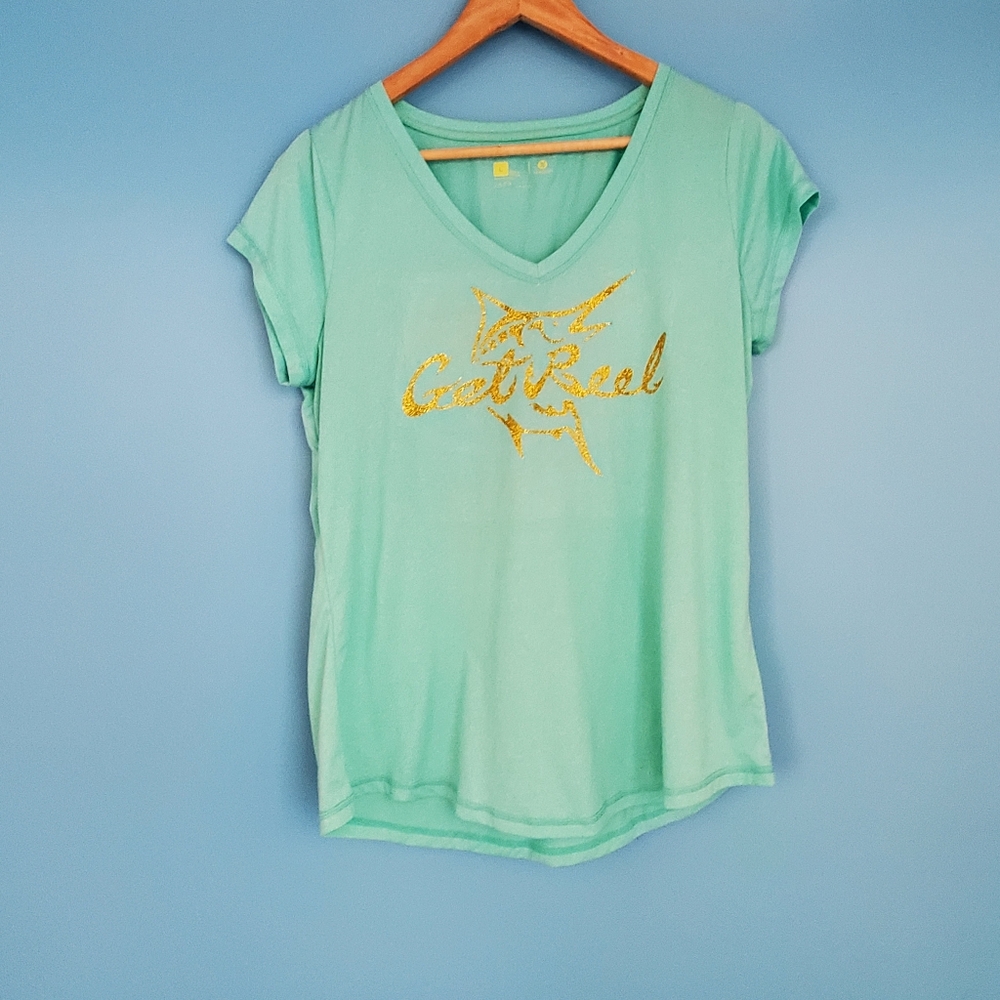 Xersion Fishing Tee Size Large "Get Reel" V-Neck